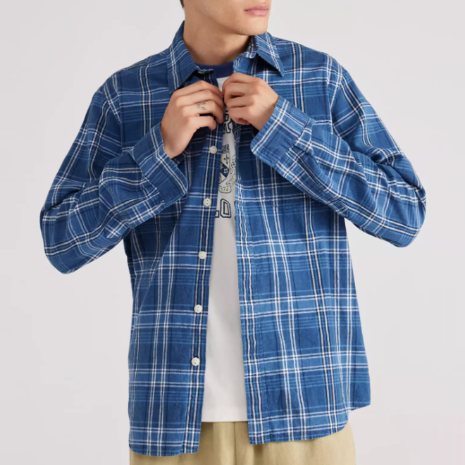 Long Sleeve Plaid Pattern Linen Cotton Blend Shirt