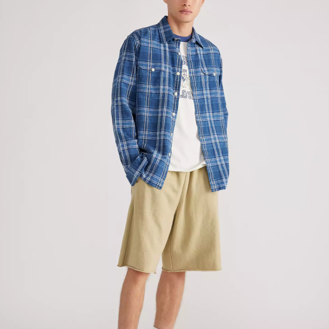 Long Sleeve Plaid Pattern Linen Cotton Blend Shirt