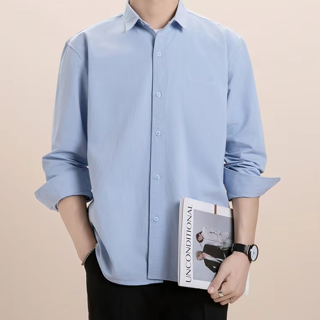 Mens Long Sleeve Solid Color Cotton Shirt