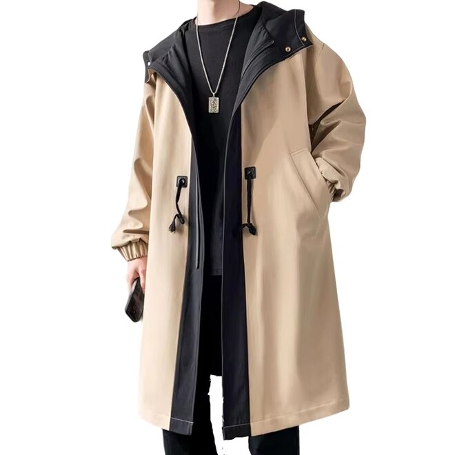 Mens Streetwear Long Fashionable Autumn Hooded Trench Coat