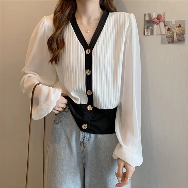 Womens Chiffon Puffy Sleeve Knit Sweater