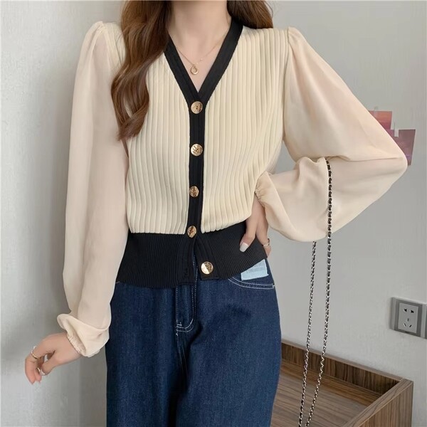 Womens Chiffon Puffy Sleeve Knit Sweater