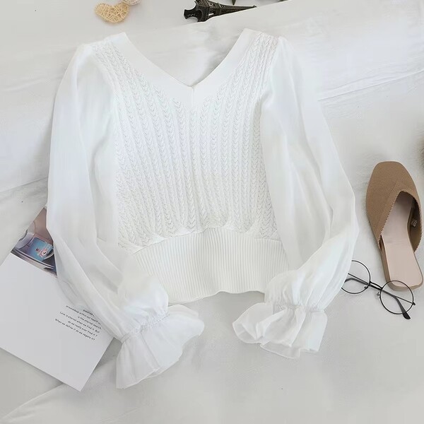 Womens Patchwork Chiffon V Neck Knit Sweater