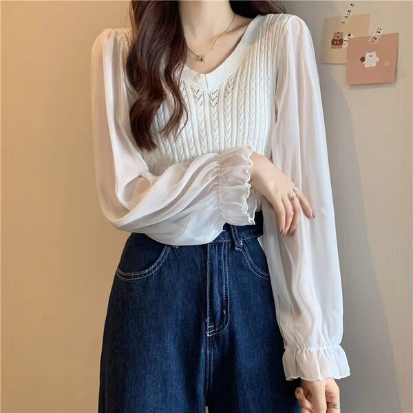 Womens Patchwork Chiffon V Neck Knit Sweater