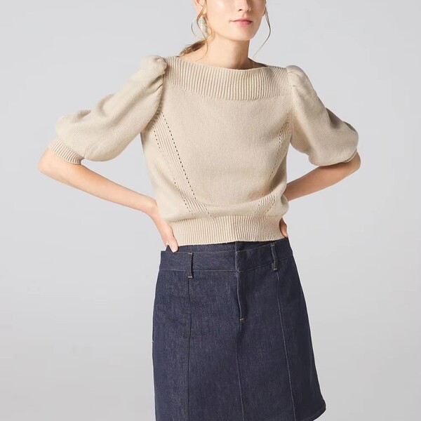 One pieces Neckline Pullover Puffy Half Sleeve Knit Sweater