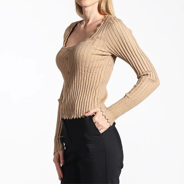 Womens Solid Color Square Neck Slim Knit Sweater